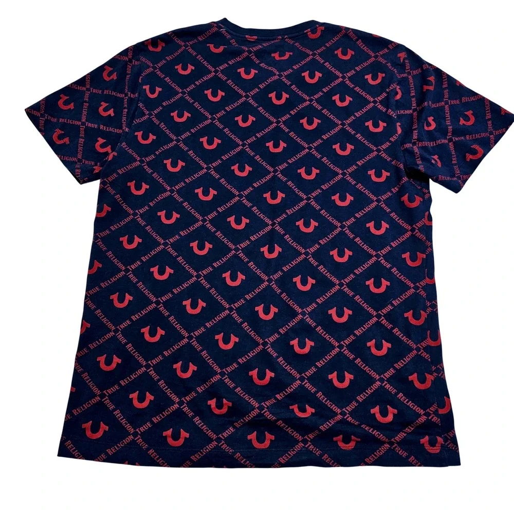 True Religion Mens Navy Blue Red All Over Logo Print T-Shirt 108050 Small NWT